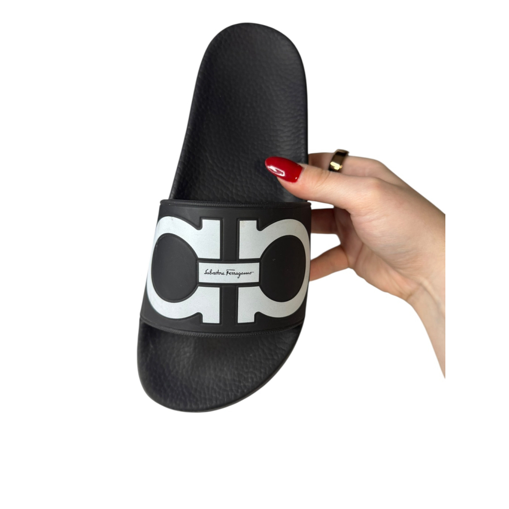 Salvatore Ferragamo Black & White Gancini Slide Sandals Size 7 - Picture 6 of 10